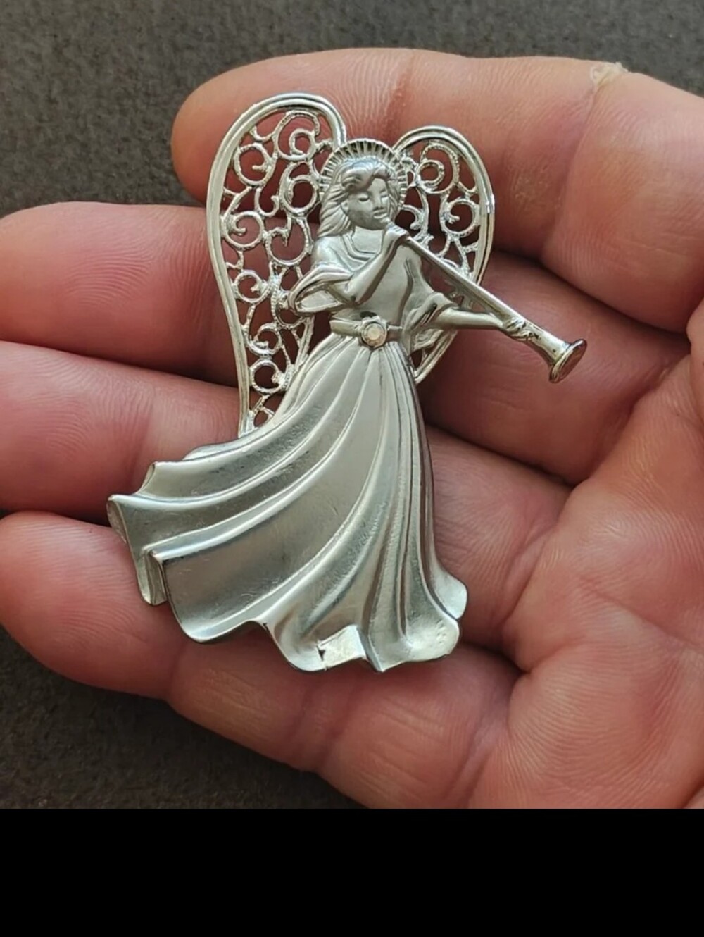 1980s Signed JJ Pewter Trumpeting Angel Brooch With Filigree Wings.